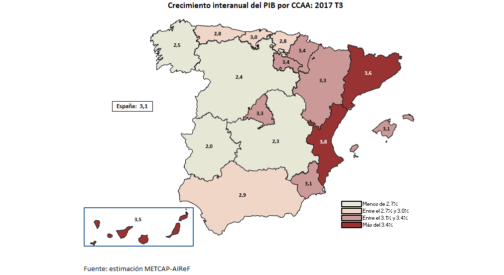 Mapa del crecimiento del PIB interanual por Comunidades Autónomas2017 T3