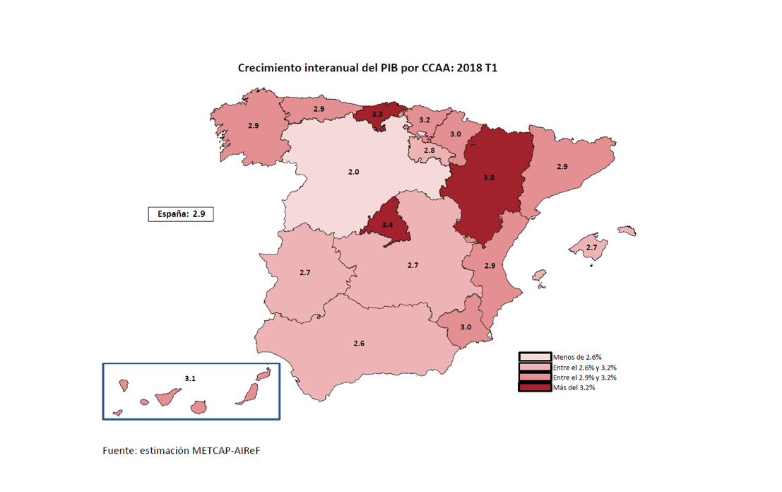 Mapa del crecimiento interanual del PIB por Comunidades Autónomas