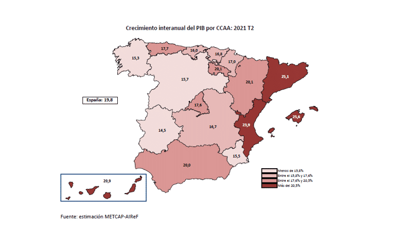 Mapa con el crecimiento interanual del PIB por comunidades autónomas